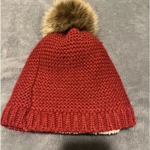 Cozy Red Knit Beanie with Faux Fur Pom